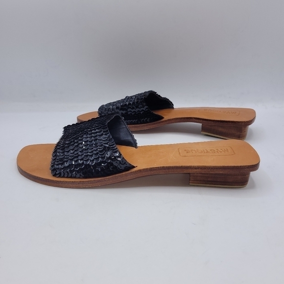 Mystique Black Sequined Leather Slides Sandals Block Heels Size 9 - Picture 3 of 16